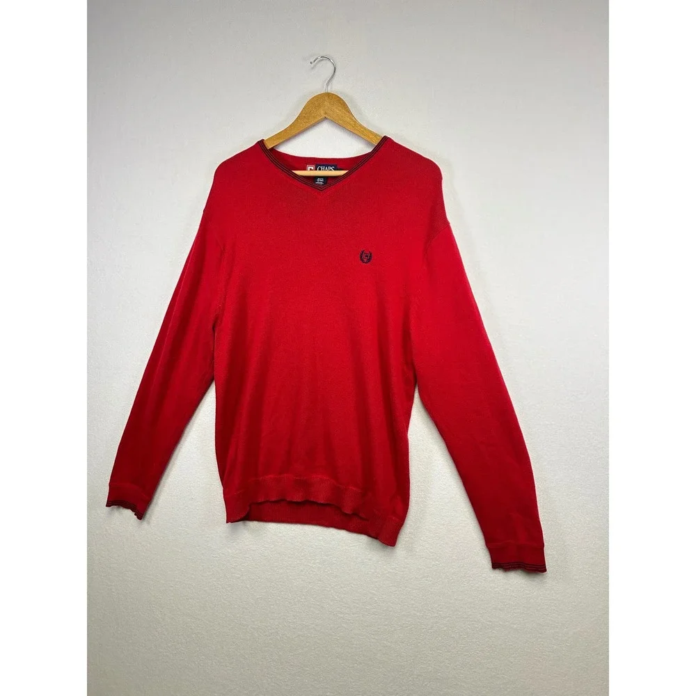 Chaps Red V Neck Cotton Sweater Men's Size M Embroidered‎ Logo Casual Peppy